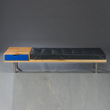 Teak and leather bench / entrance furniture with steel legs
